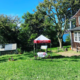 a red and white tent with a table cloth covered table underneath is on a green lawn next to an old hose with cedar shingles.
